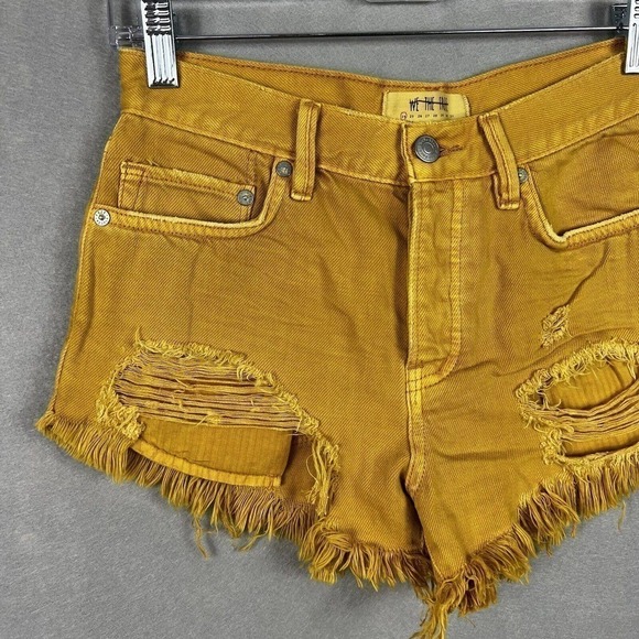 We The Free Cut-Off Denim Shorts Size 24 Mustard Yellow Raw Hem Distressed - Picture 3 of 9
